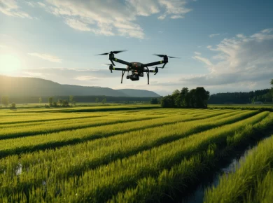 A drone waters a field, showcasing AI in precision agriculture