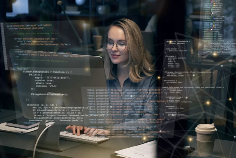 A woman working on laptop coding