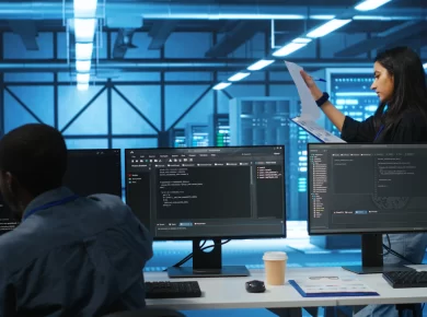 A man and a woman in a room full of computers